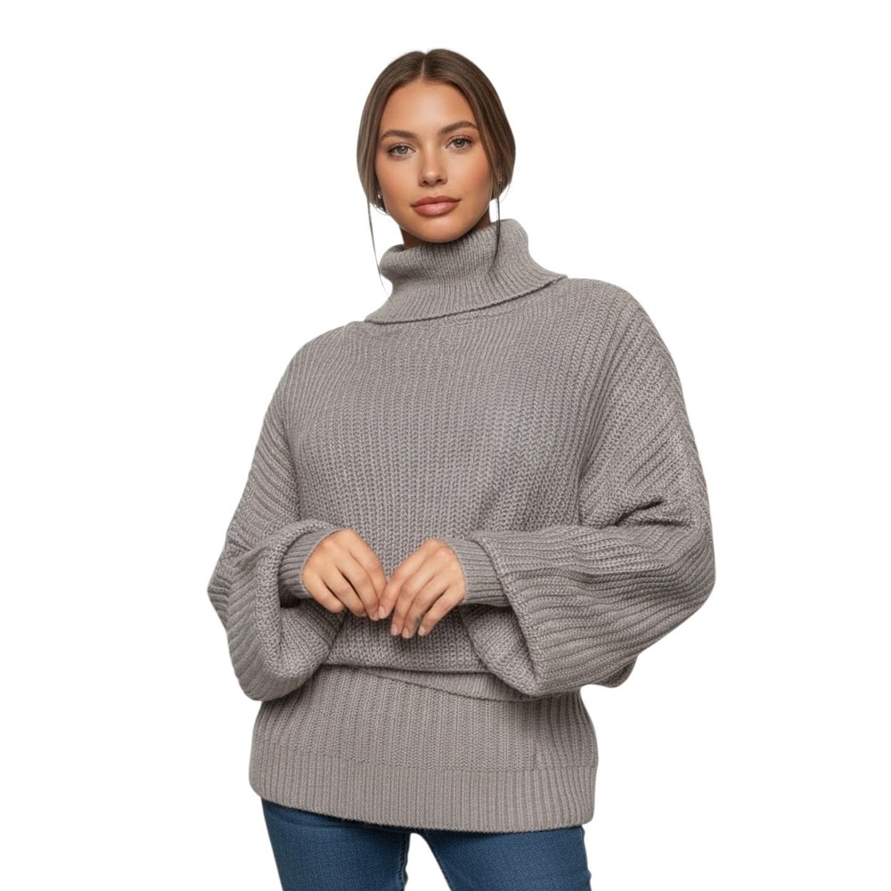 Fashion Nova Helena Sweater Womens Medium Heather Gray Balloon Sleeve Turtleneck